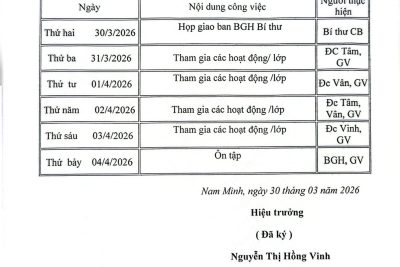 LỊCH CÔNG TÁC TUẦN 1 THÁNG 4 NĂM 2026