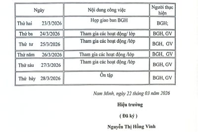 LỊCH CÔNG TÁC TUẦN 4 THÁNG 3 NĂM 2026